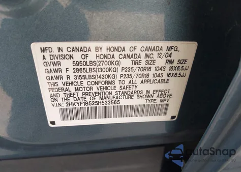 2005 Honda Pilot Ex-L z USA, uszkodzony, nr VIN 2HKYF18525H533565